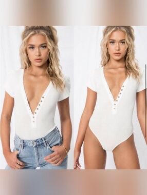 Free People White Mia Deep V-Neck Button Henley Bodysuit Large